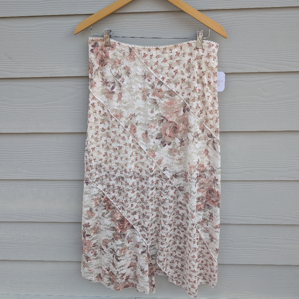 Altar'd State Skirt NWT Size L Cream Red Midi Lace Details Boho Pull On Floral - Picture 6 of 9